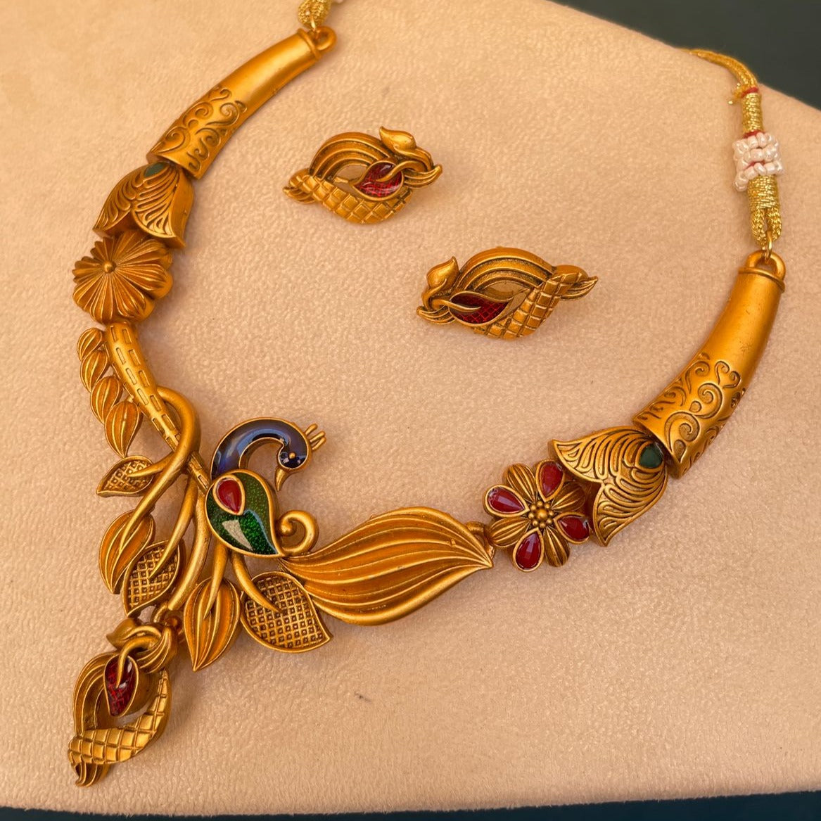 Meenakari Peacock Antique Matt Polish Necklace & Earrings