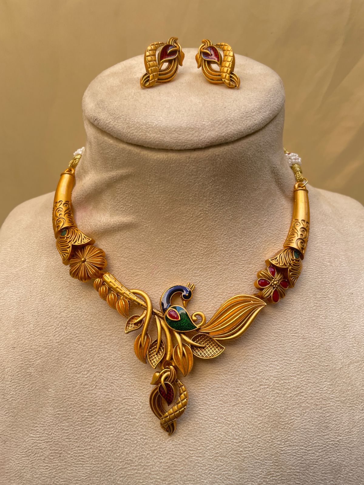 Meenakari Peacock Antique Matt Polish Necklace & Earrings