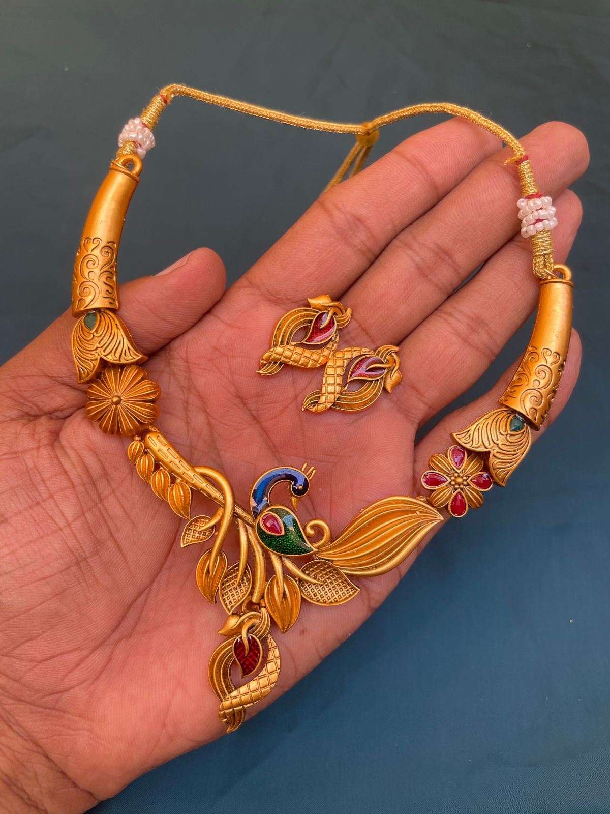 Meenakari Peacock Antique Matt Polish Necklace & Earrings