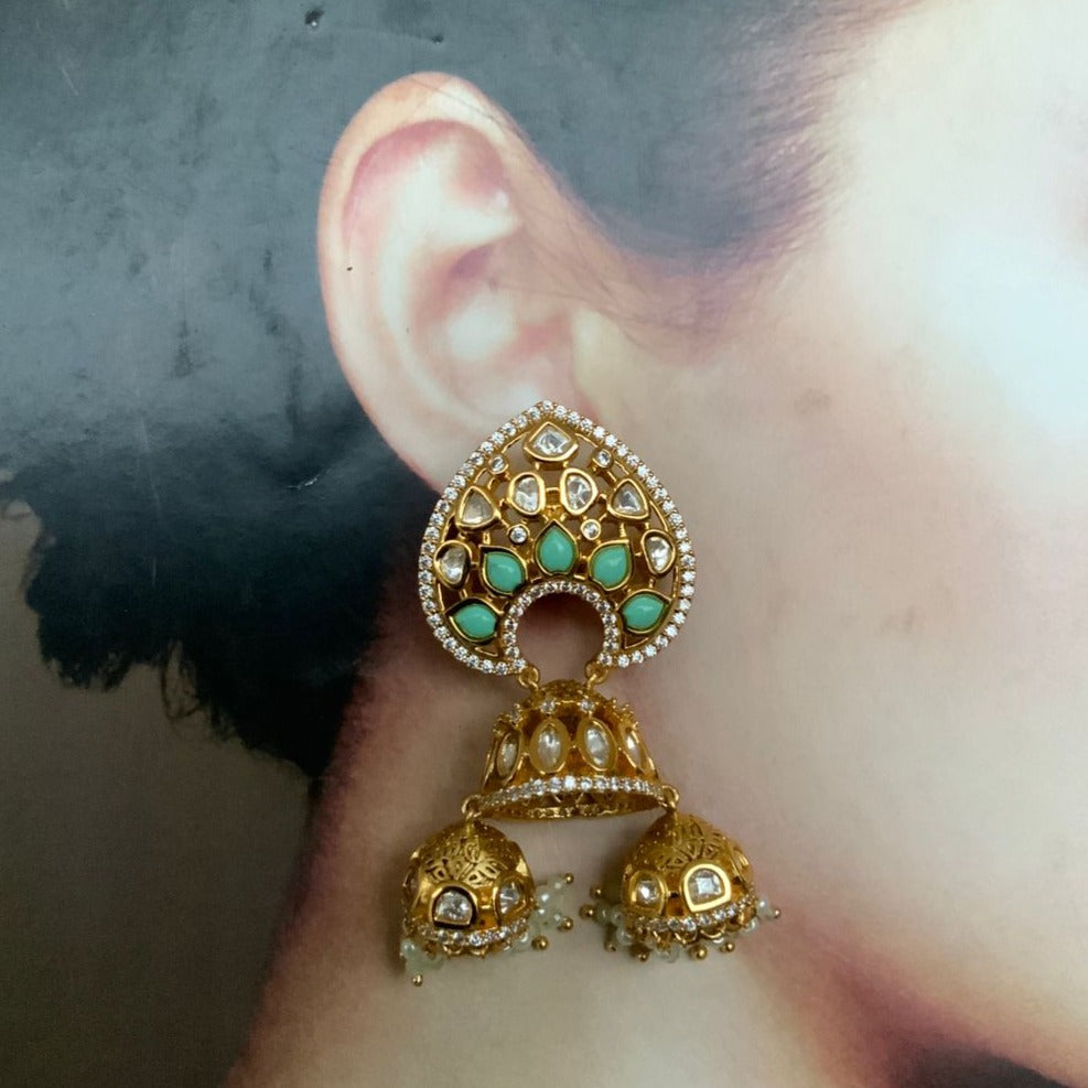 Gold Plated Green Polki Jhumka Earring