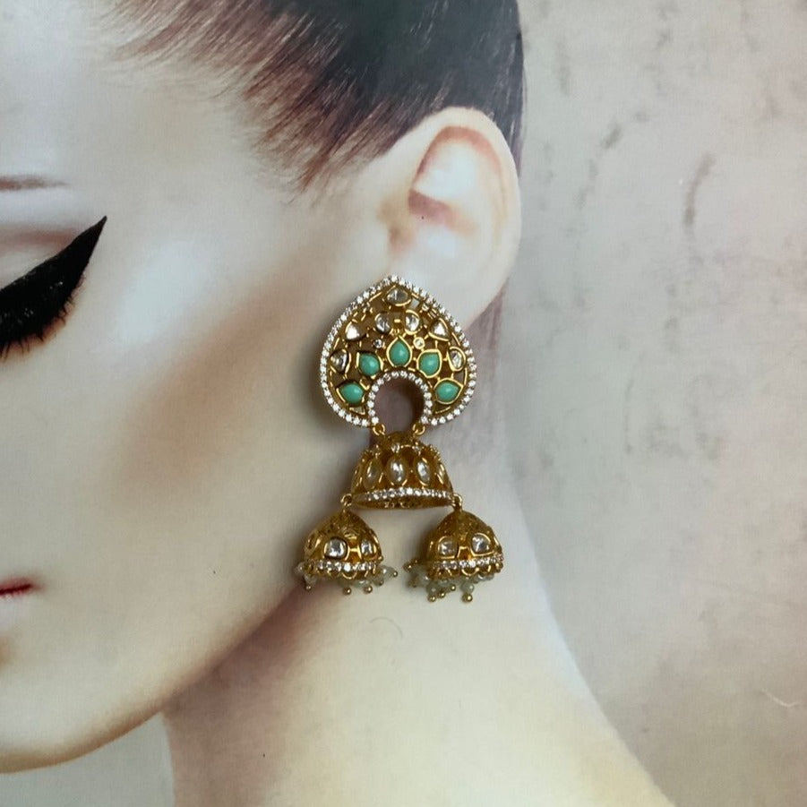 Gold Plated Green Polki Jhumka Earring