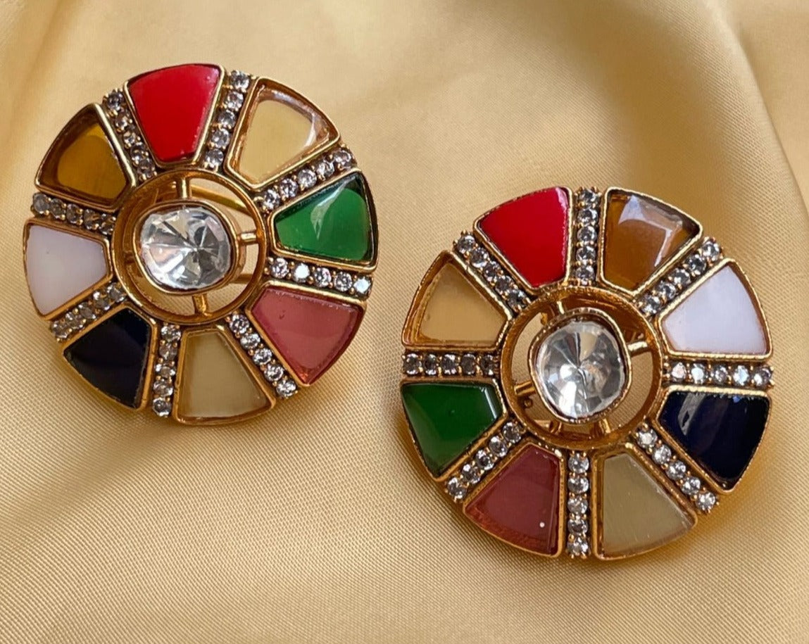 Beautiful Navratna Round Pendant & Earrings - Abdesignsjewellery