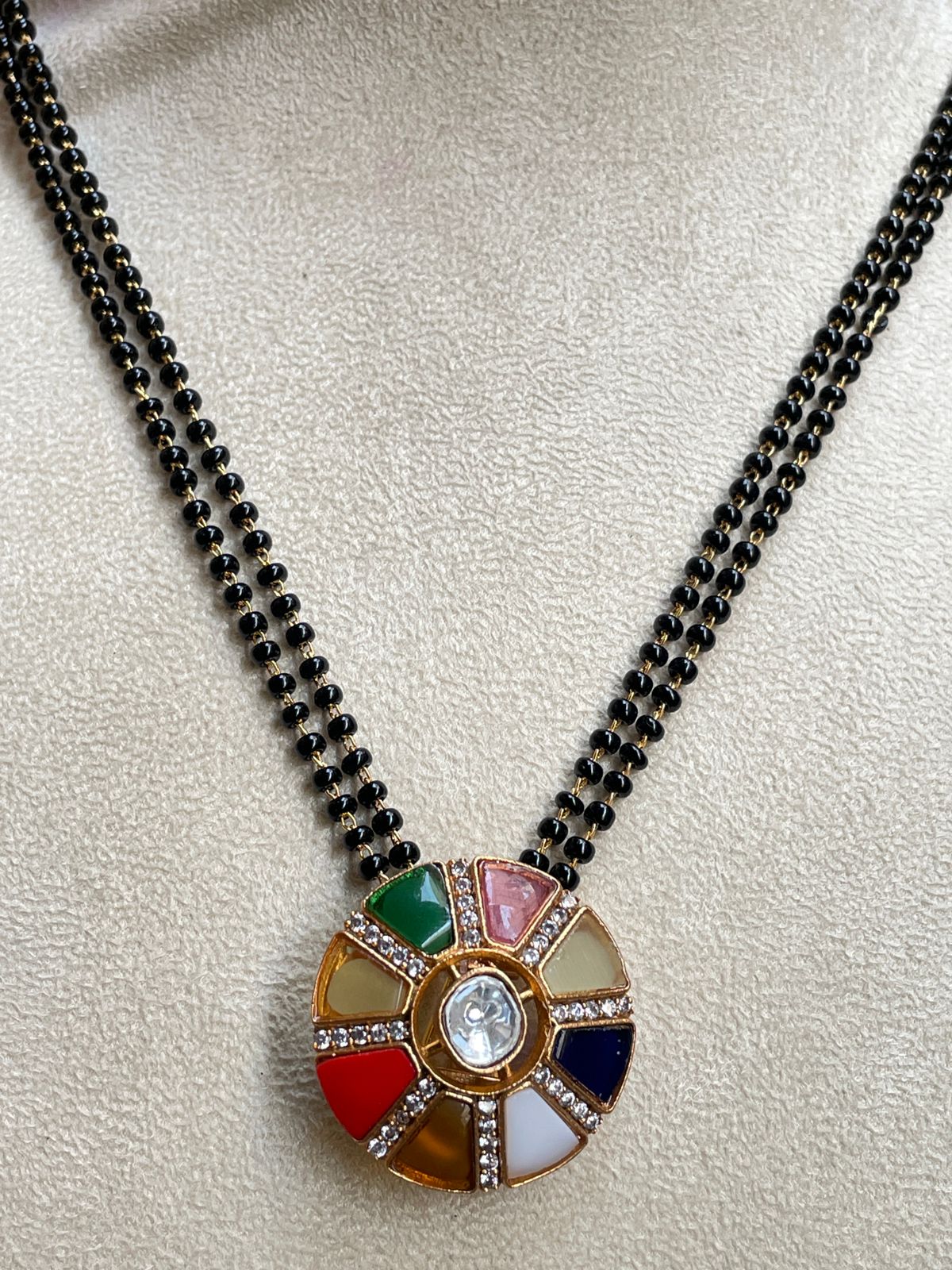 Navratna Round Pendent & Earrings