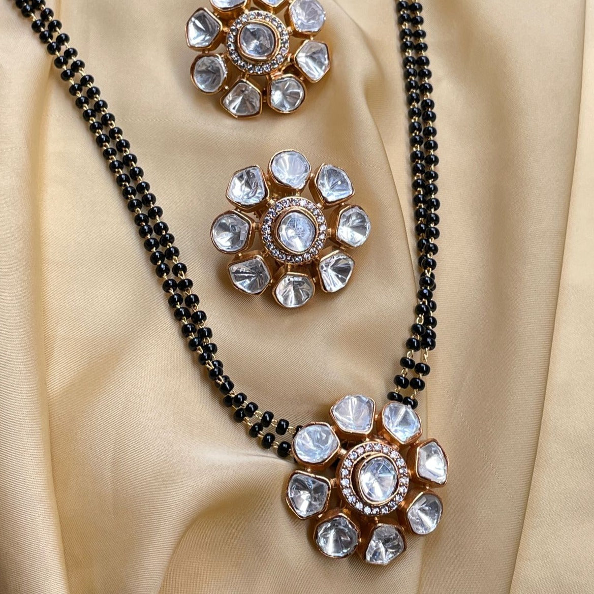 Classic Polki Flower Design Mangalsutra & Earrings - Abdesignsjewellery