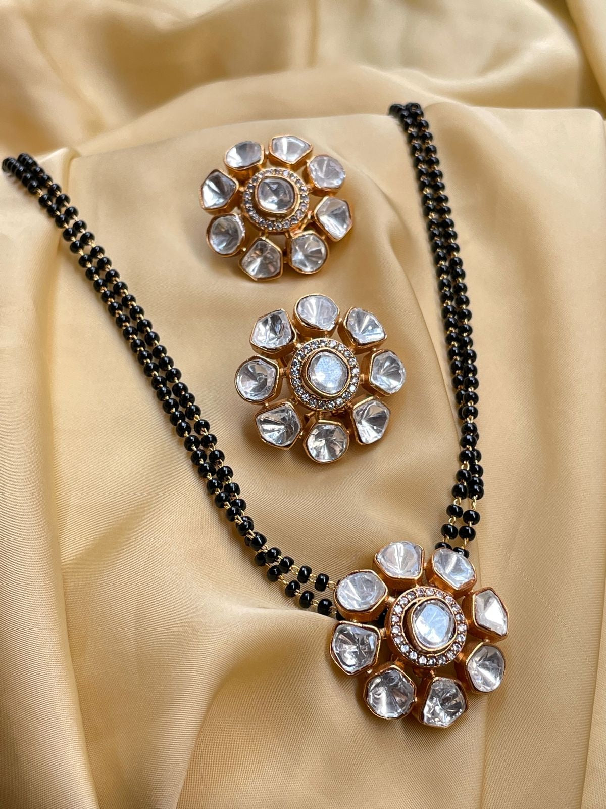 Classic Polki Flower Design Mangalsutra & Earrings - Abdesignsjewellery