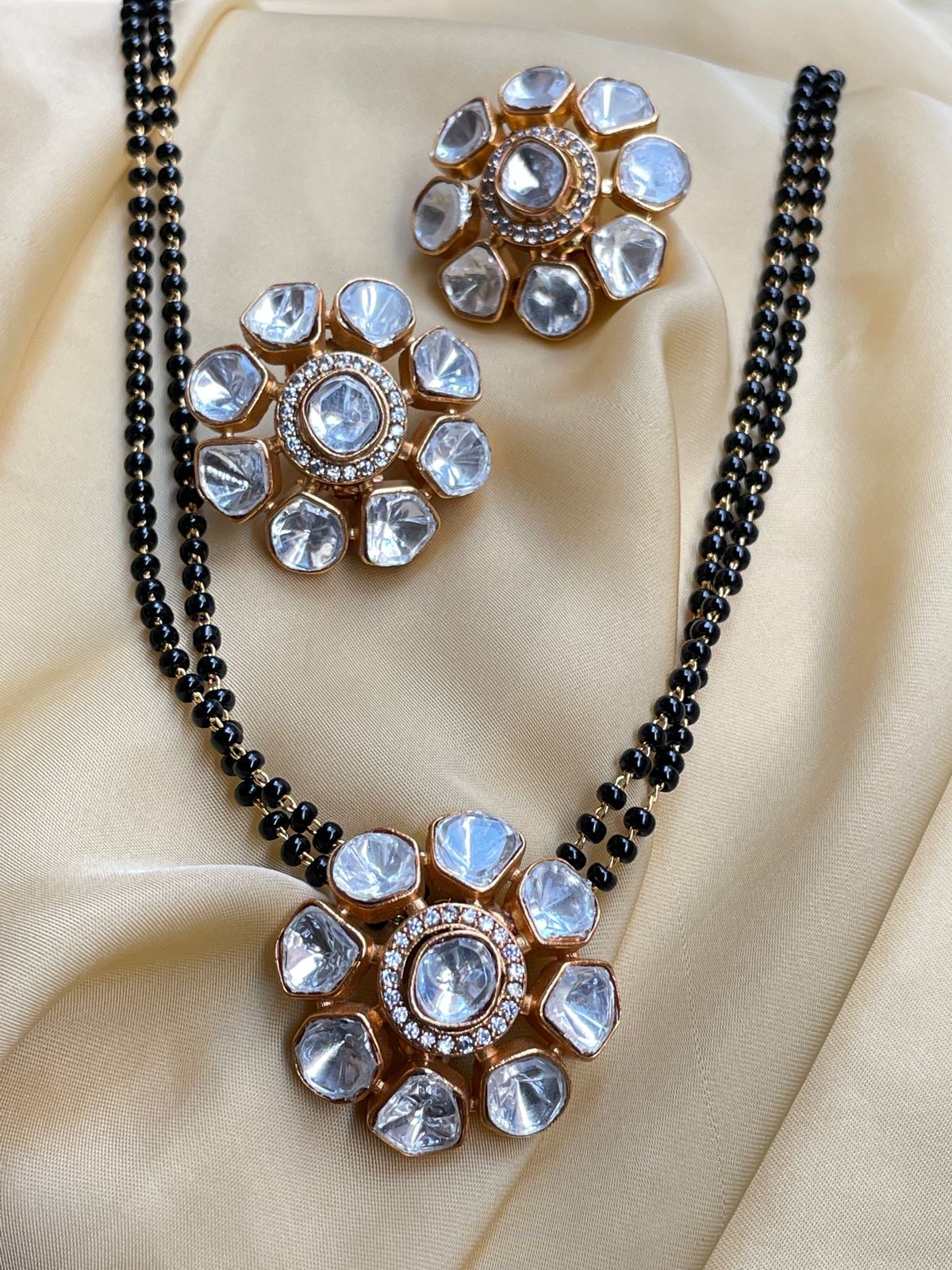 Classic Polki Flower Design Mangalsutra & Earrings - Abdesignsjewellery