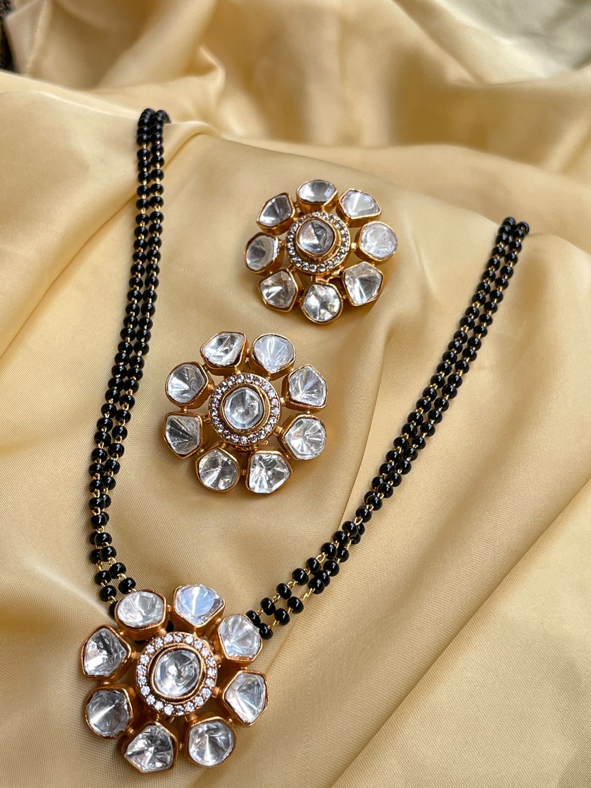 Classic Polki Flower Design Mangalsutra & Earrings - Abdesignsjewellery
