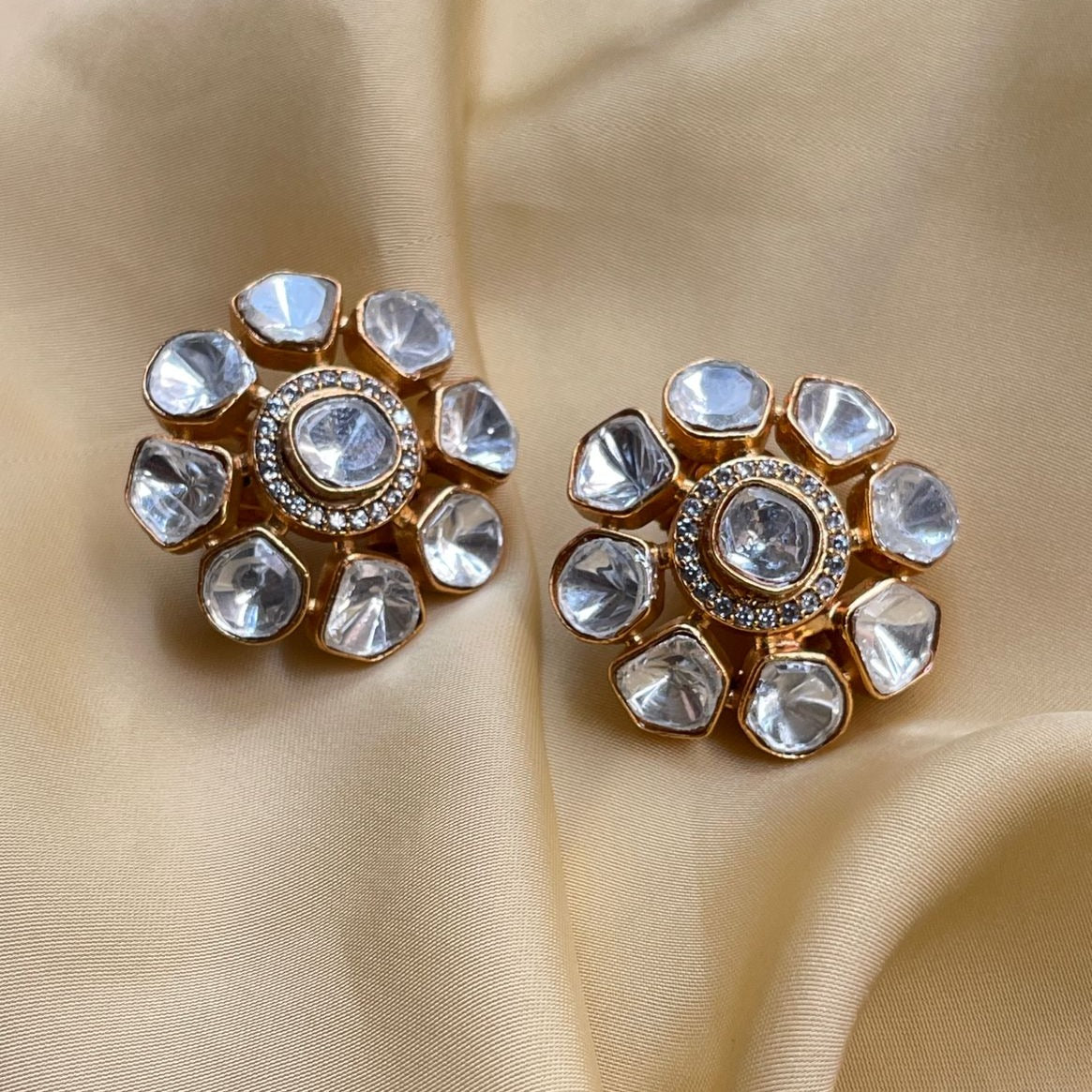 Classic Polki Flower Design Earrings - Abdesignsjewellery