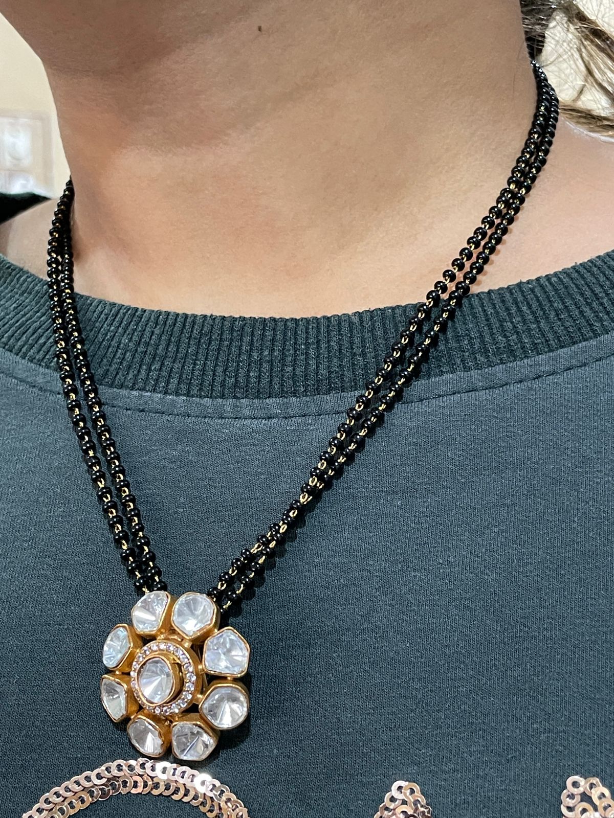 Classic Polki Flower Design Mangalsutra & Earrings - Abdesignsjewellery