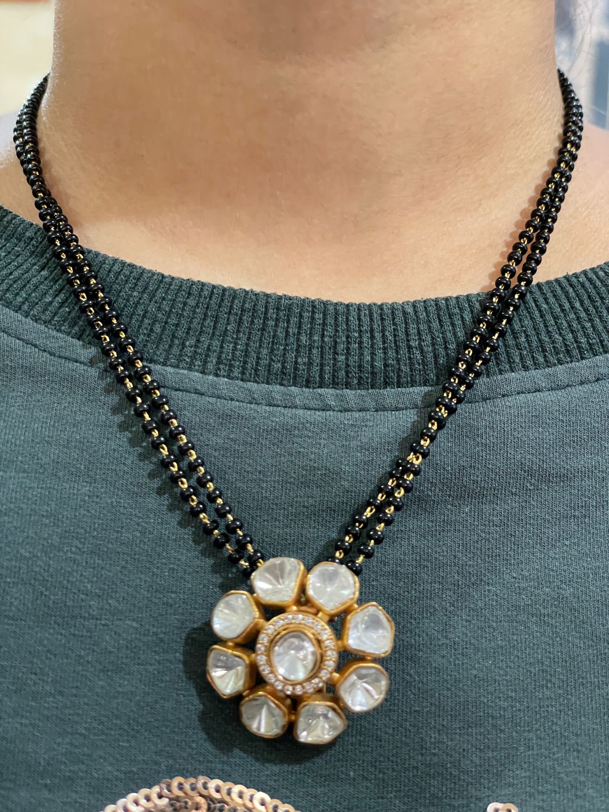 Classic Polki Flower Design Mangalsutra & Earrings - Abdesignsjewellery