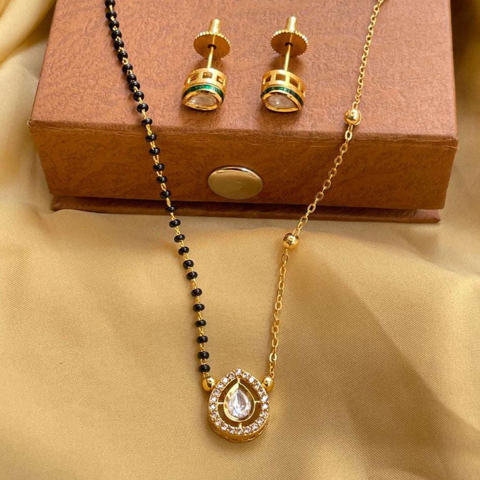 Simple Designer Drop Gold Plated Mangalsutra & Earrings