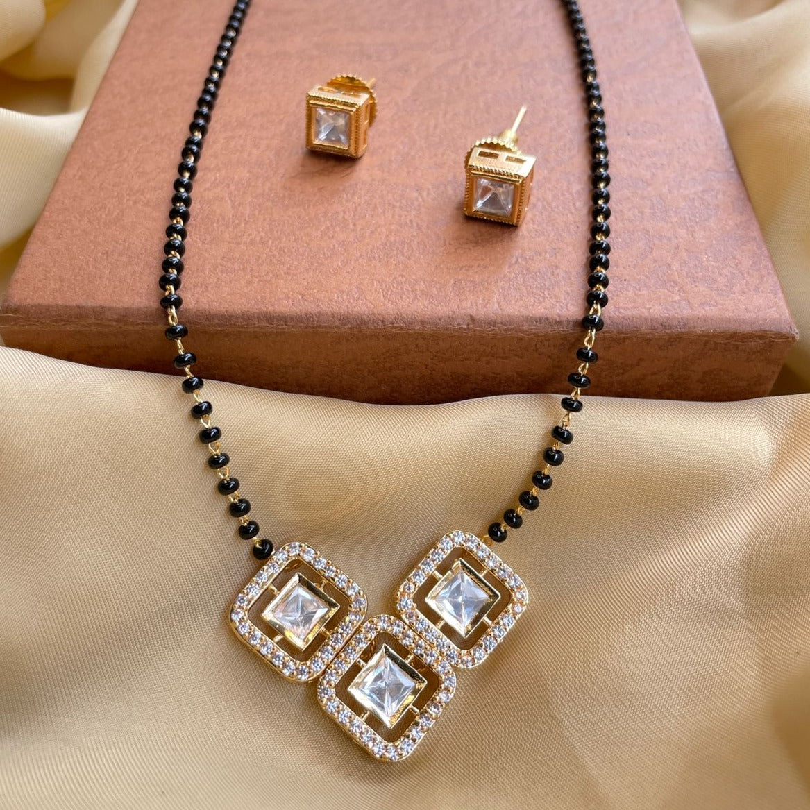 Simple Gold Plated Square Mangalsutra & Earrings