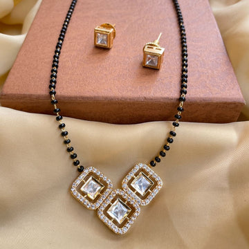 Simple Gold Plated Square Mangalsutra & Earrings