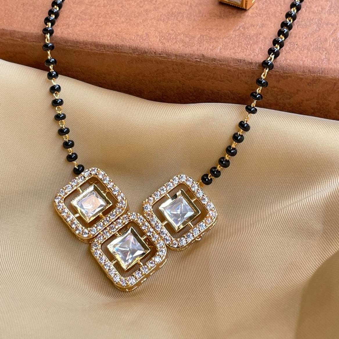 Simple Gold Plated Square Mangalsutra & Earrings