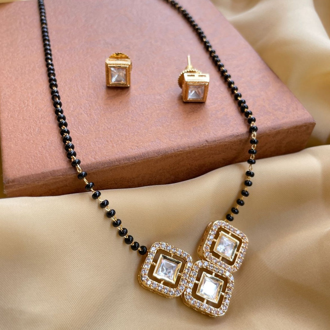 Simple Gold Plated Square Mangalsutra & Earrings
