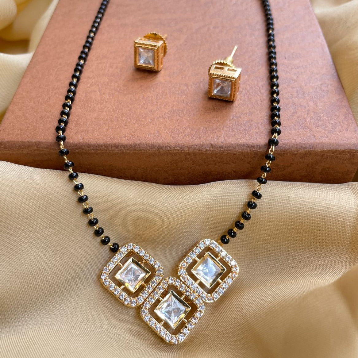 Simple Gold Plated Square Mangalsutra & Earrings