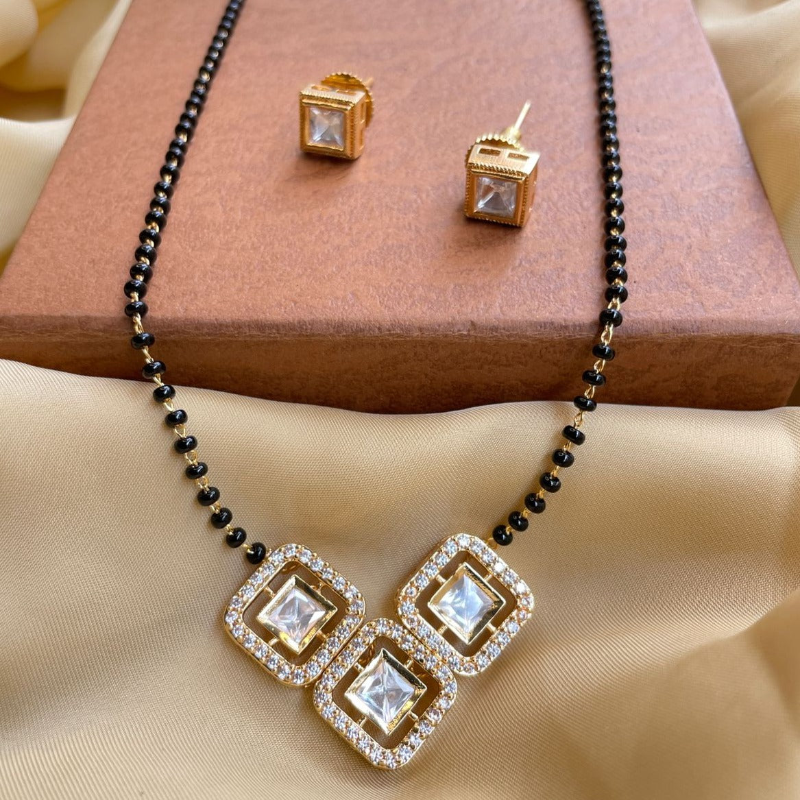 Simple Gold Plated Square Mangalsutra & Earrings