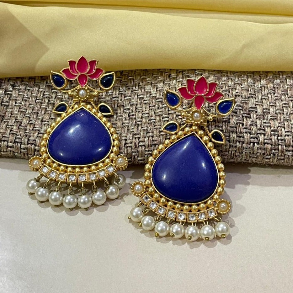 Blue Lotus Design Pearl Drop Earrings