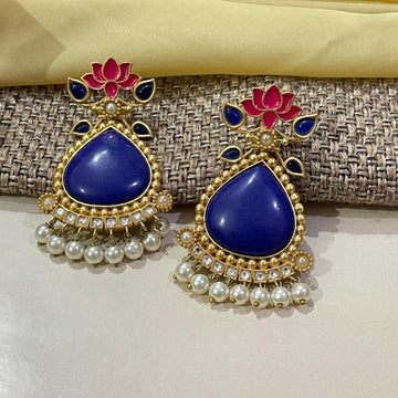 Blue Lotus Design Pearl Drop Earrings - Abdesignsjewellery