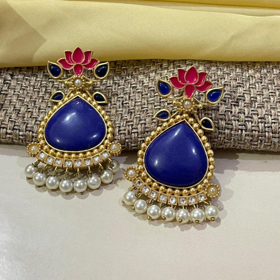 Lotus earrings maroon bead gemstone gold tone Earrings at 1550  Azilaa