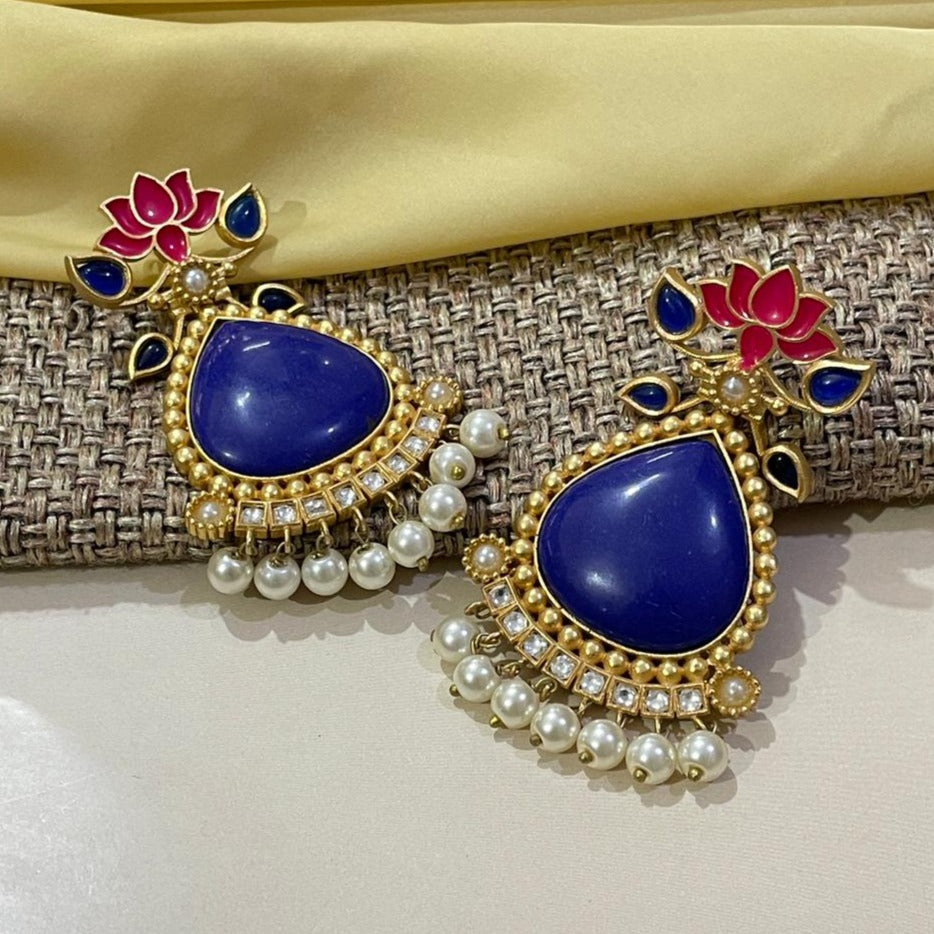Blue Lotus Design Pearl Drop Earrings