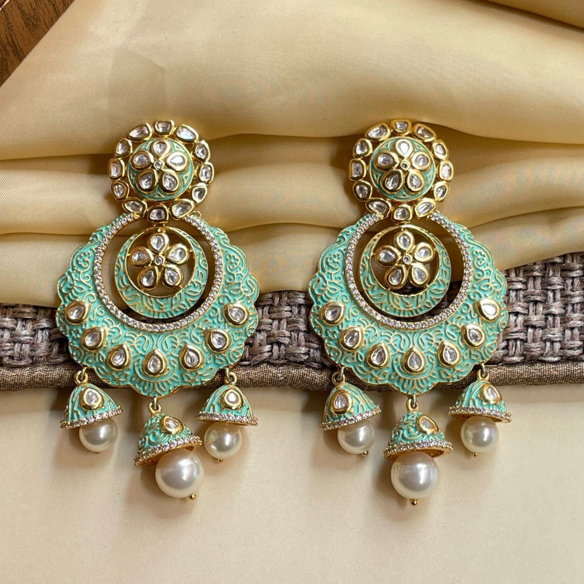 Green Kundan Antique Gold Plated Earrings - Abdesignsjewellery