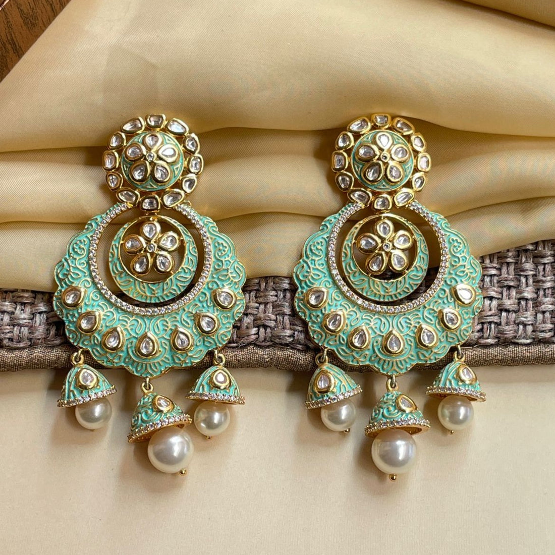 Green Kundan Antique Gold Plated Earrings - Abdesignsjewellery