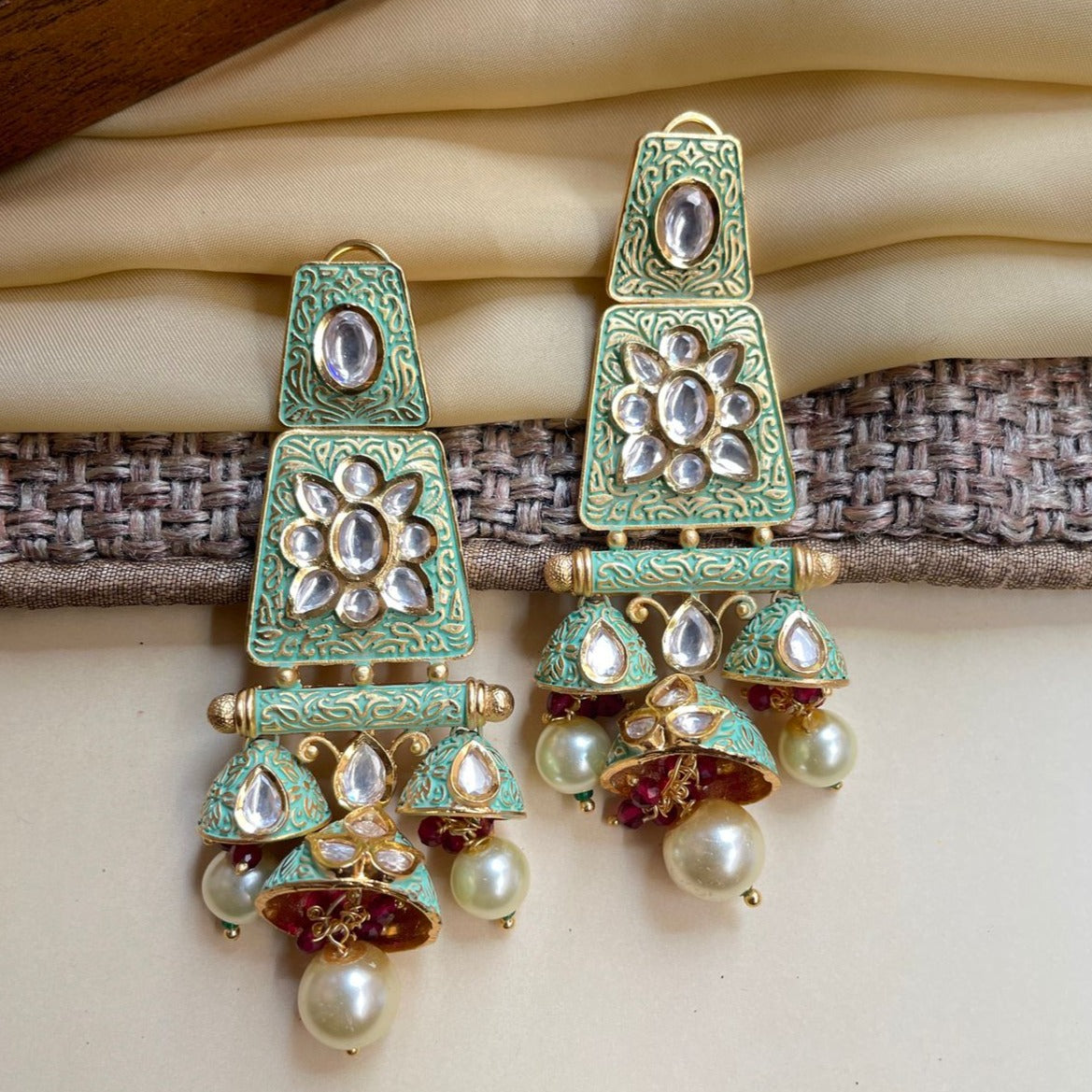 Green Meenakari Kundan Jumkha Earring - Abdesignsjewellery