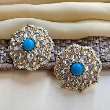 Round Sky Blue Stone Kundan Earring