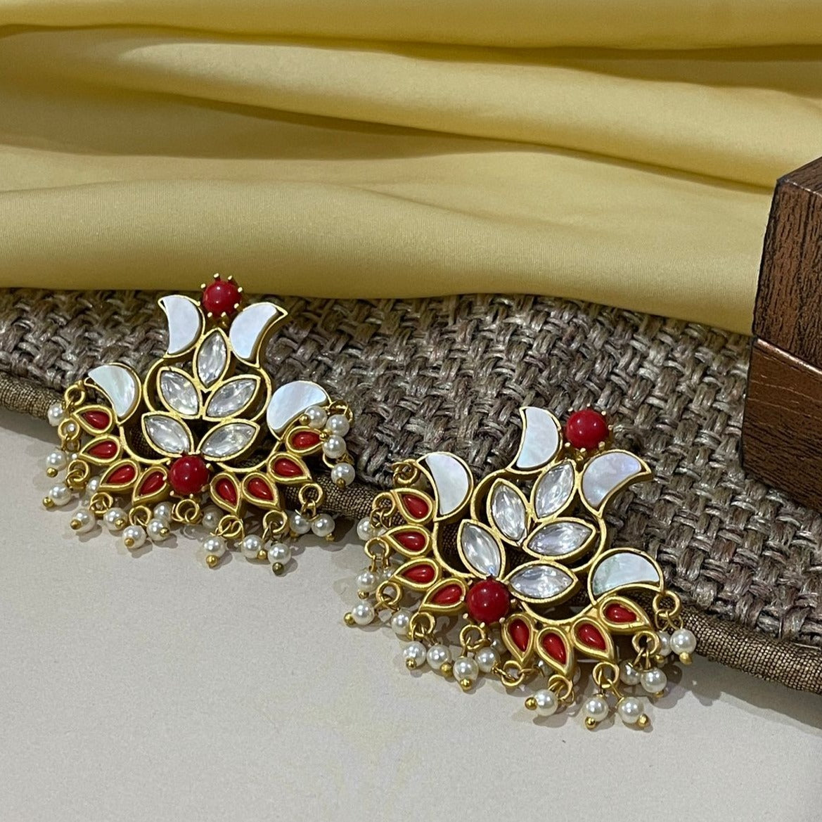 Lotus earrings maroon bead gemstone gold tone Earrings at ₹1550 | Azilaa