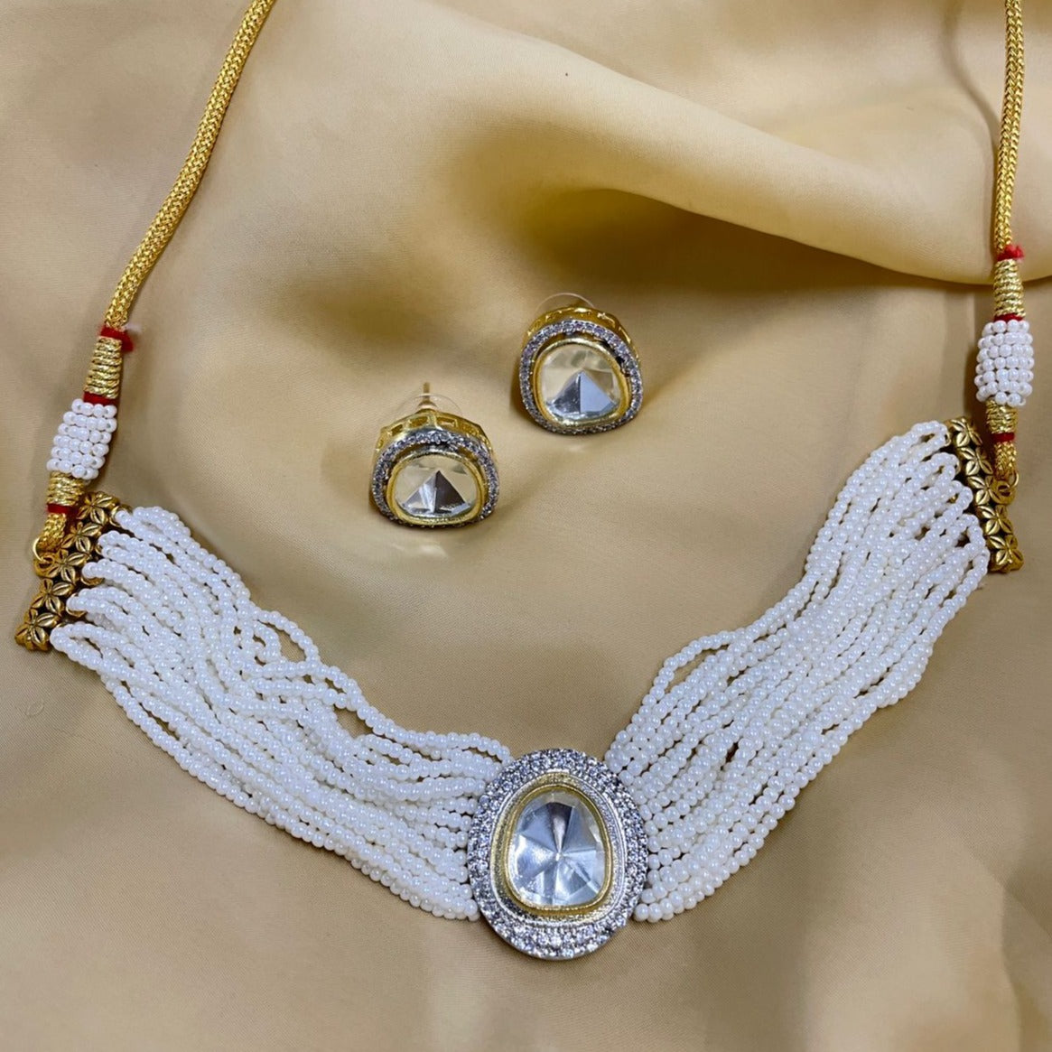 Classic White Stone Round Gold Plated Choker set - Abdesignsjewellery
