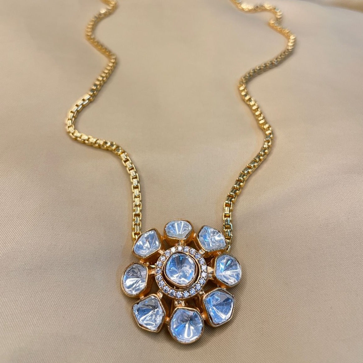 Classic Polki Flower Design Chain & Earrings - Abdesignsjewellery