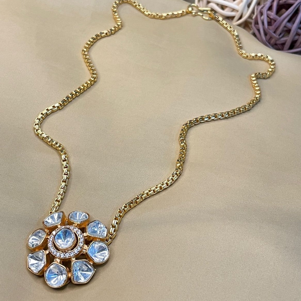 Classic Polki Flower Design Chain & Earrings - Abdesignsjewellery