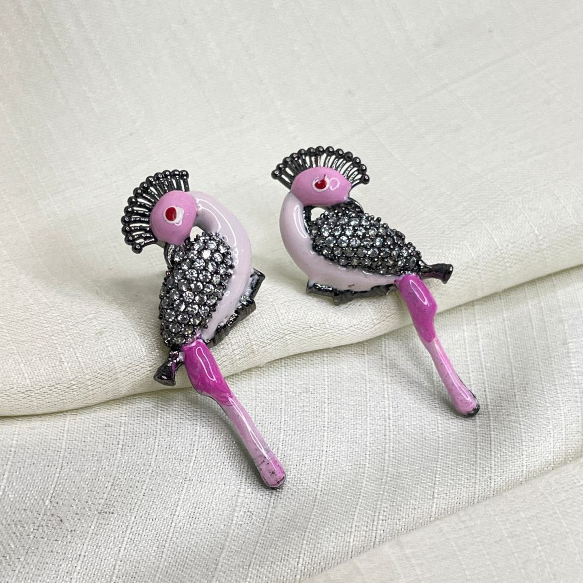 Victorian Silver Pink Parrot Bird Earrings