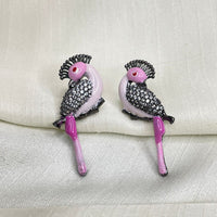 Thumbnail for Victorian Silver Pink Parrot Bird Earrings