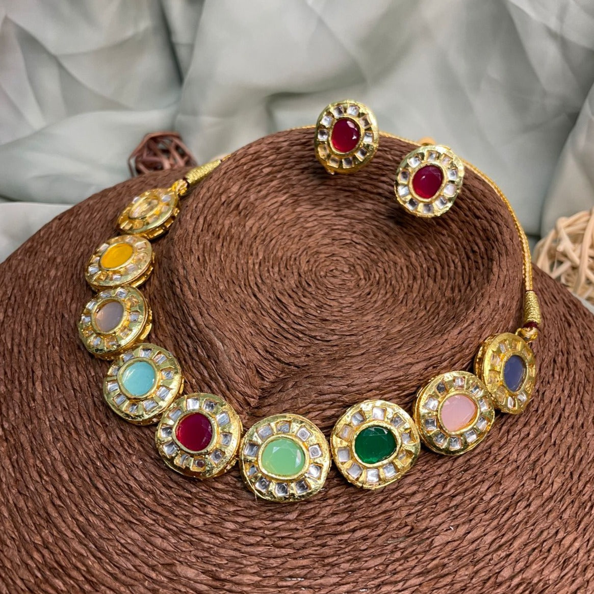 High-Quality Shimmering Navratna Stone Necklace
