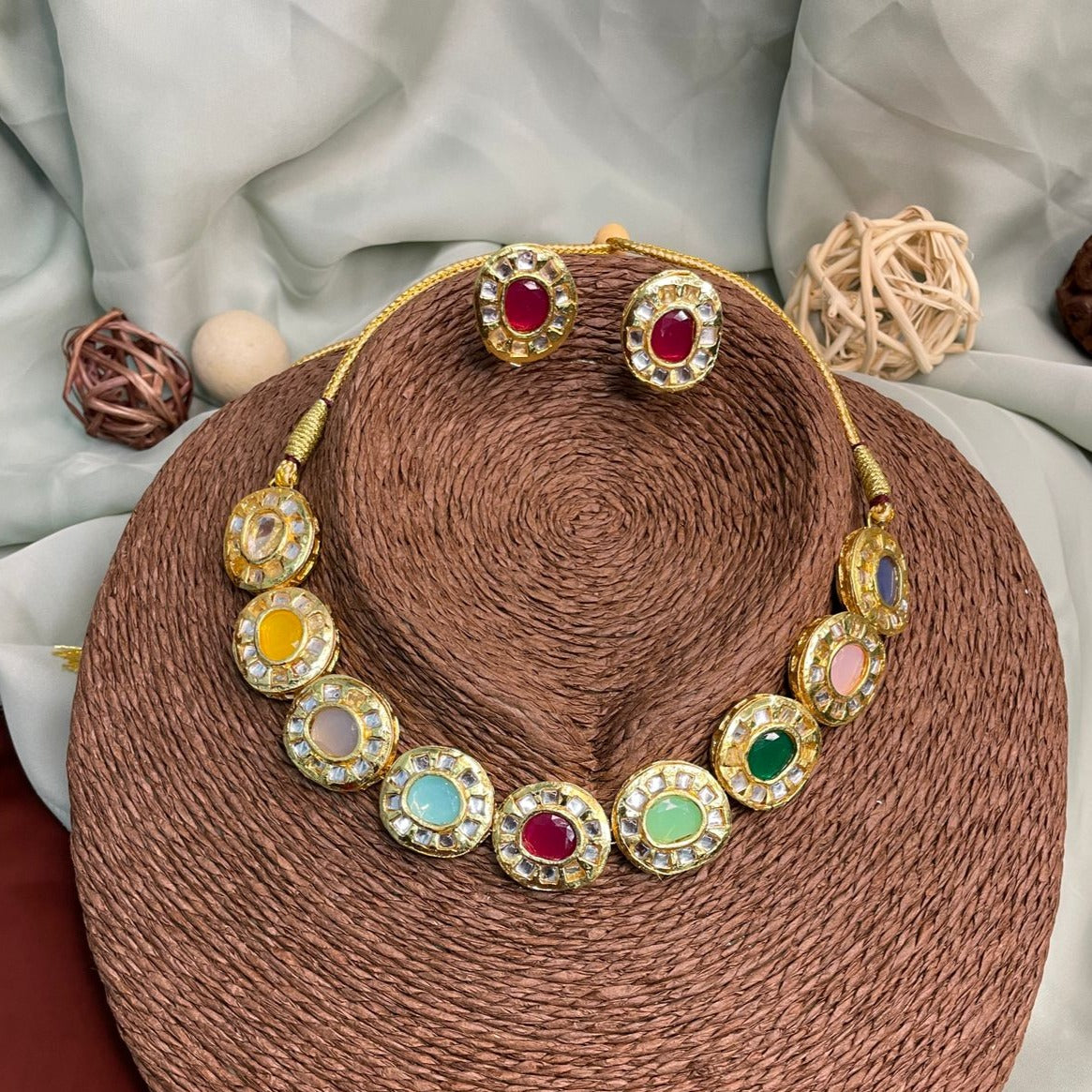High-Quality Shimmering Navratna Stone Necklace