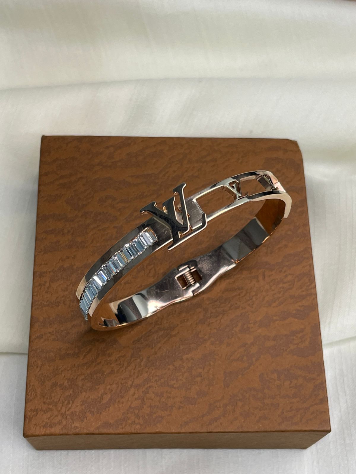 LOUIS VUITTON Chain Bracelet Metal Monogram Logo Plate Silver