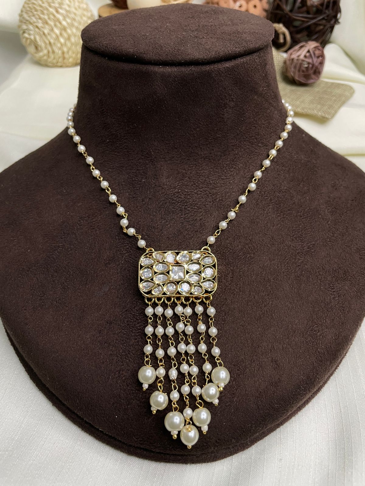 Moissanite Rectangle Polki Kundan Pendent Set Necklace - Abdesignsjewellery