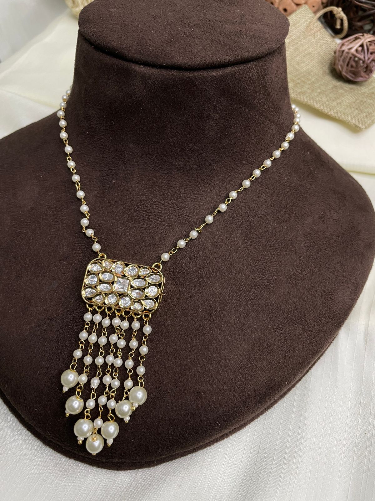 Moissanite Rectangle Polki Kundan Pendent Set Necklace - Abdesignsjewellery