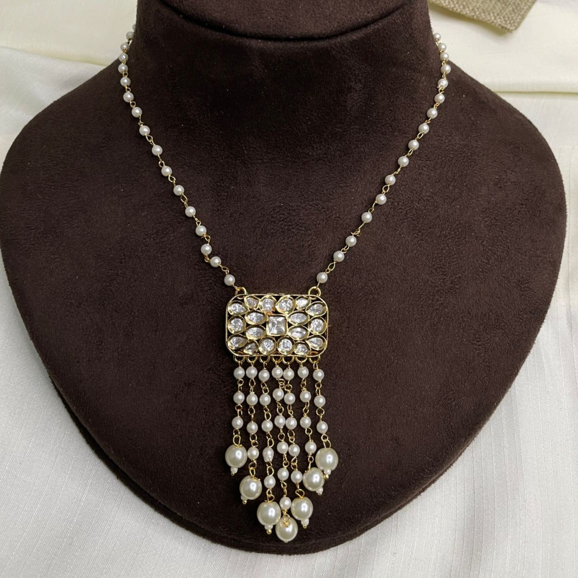 Moissanite Rectangle Polki Kundan Pendent Set Necklace - Abdesignsjewellery