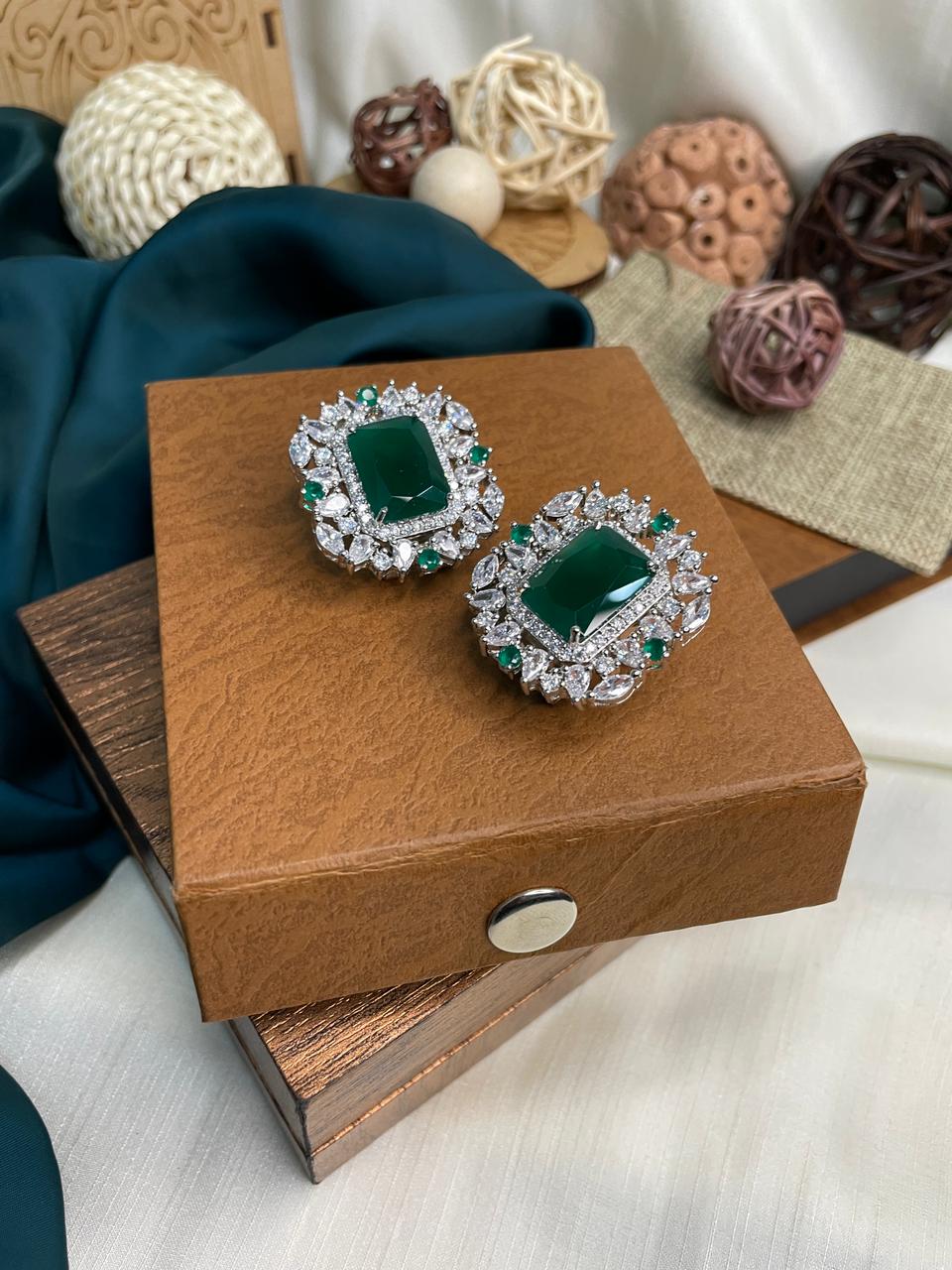 Emerald American Diamond Party Wear Stud Earring - Abdesignsjewellery