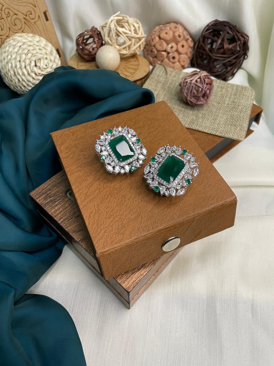 Emerald American Diamond Party Wear Stud Earring - Abdesignsjewellery