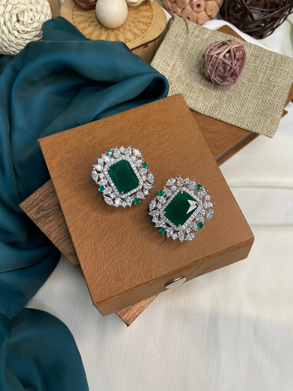 Emerald American Diamond Party Wear Stud Earring - Abdesignsjewellery