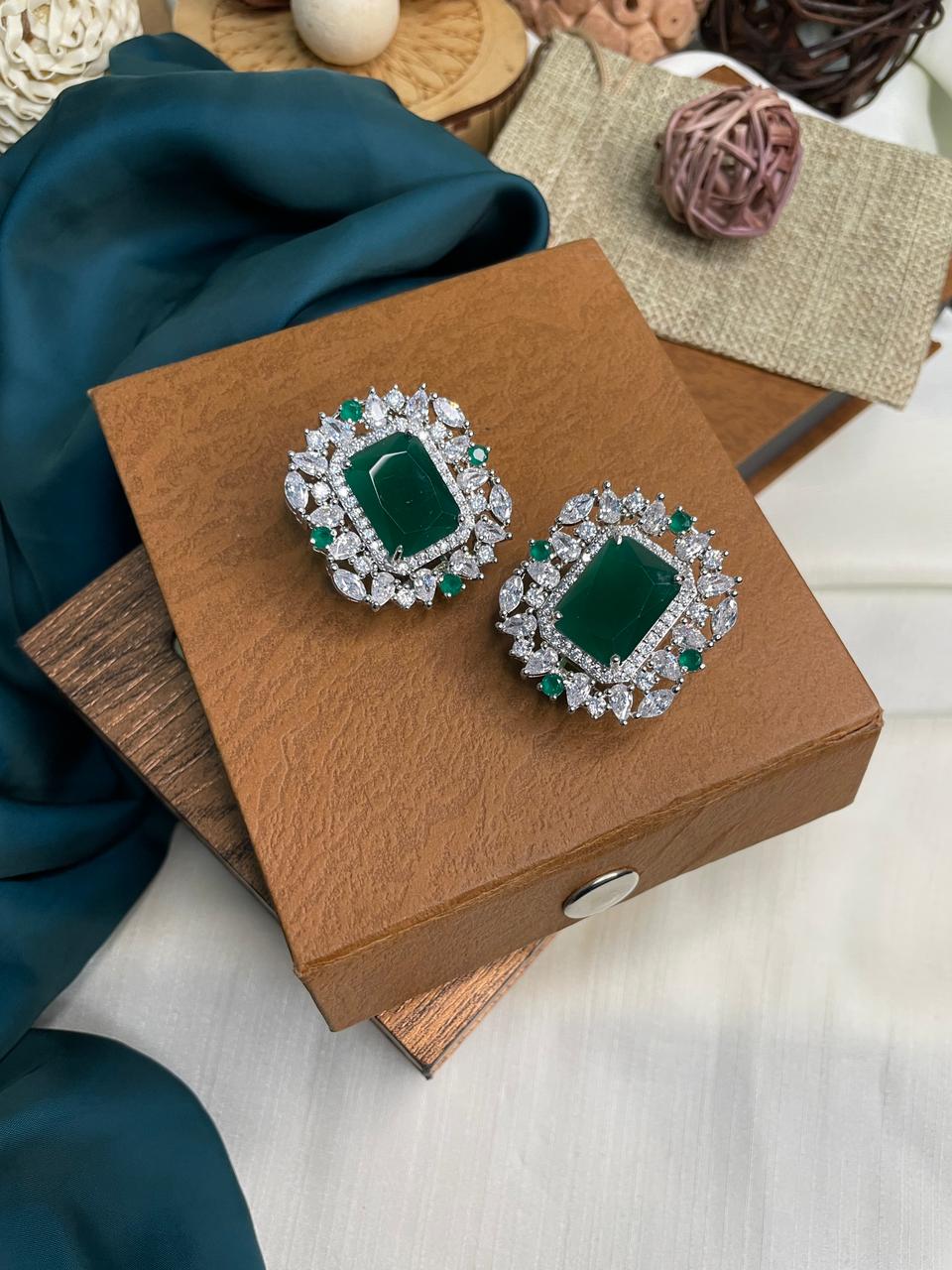 Emerald American Diamond Party Wear Stud Earring
