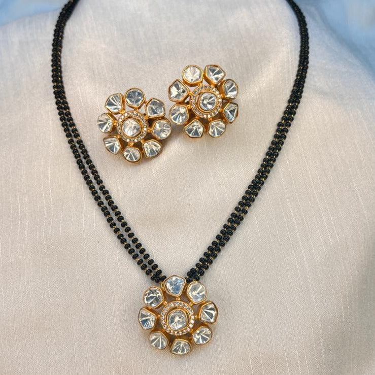 Gold Polki Flower Design Mangalsutra & Earrings - Abdesignsjewellery