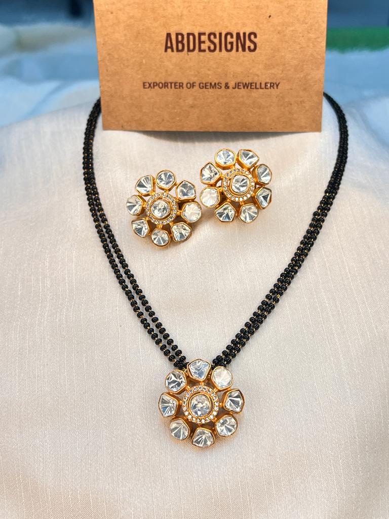 Gold Polki Flower Design Mangalsutra & Earrings - Abdesignsjewellery
