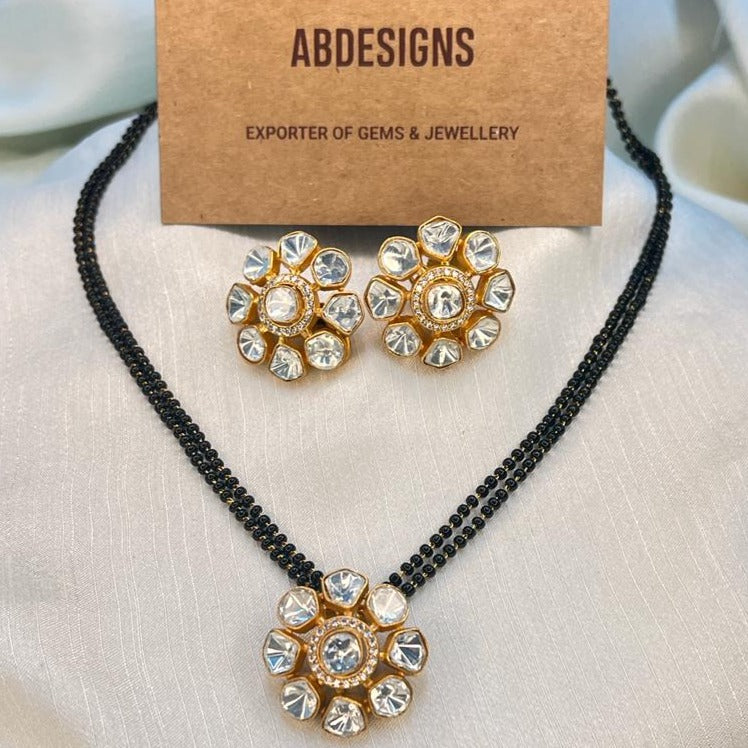 Gold Polki Flower Design Mangalsutra & Earrings - Abdesignsjewellery
