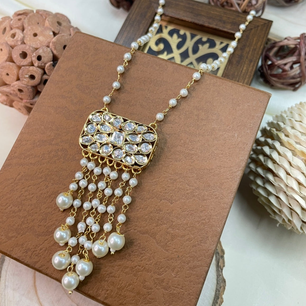 Moissanite Rectangle Polki Kundan Pendent Set Necklace - Abdesignsjewellery