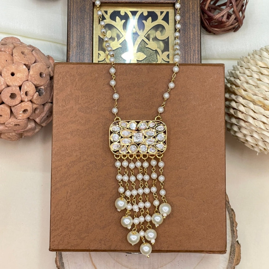 Moissanite Rectangle Polki Kundan Pendent Set Necklace - Abdesignsjewellery